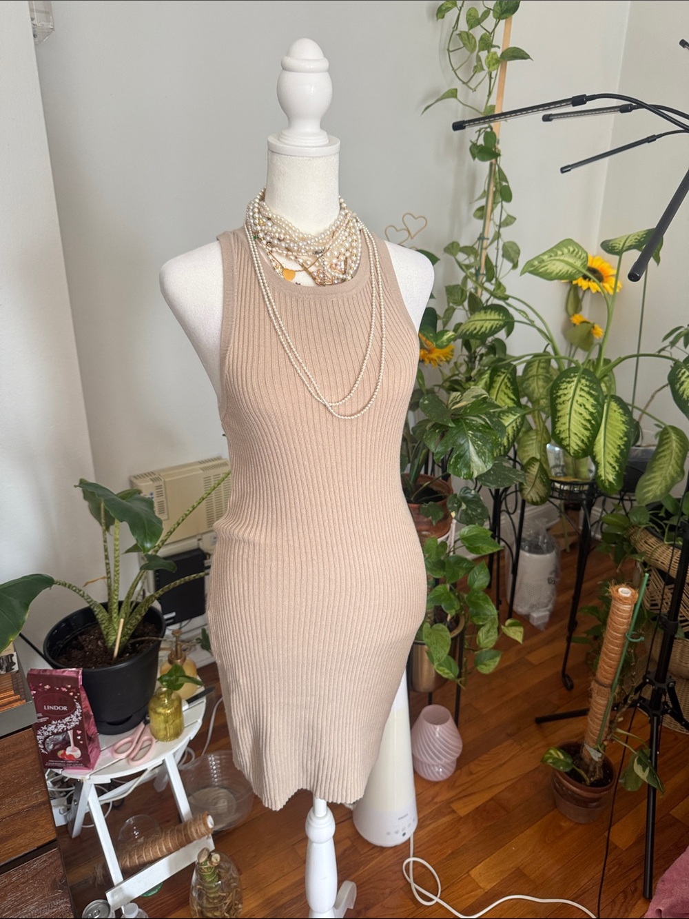 H&M Divided Medium Sleeveless Rib Knit Tank Dress in Beige